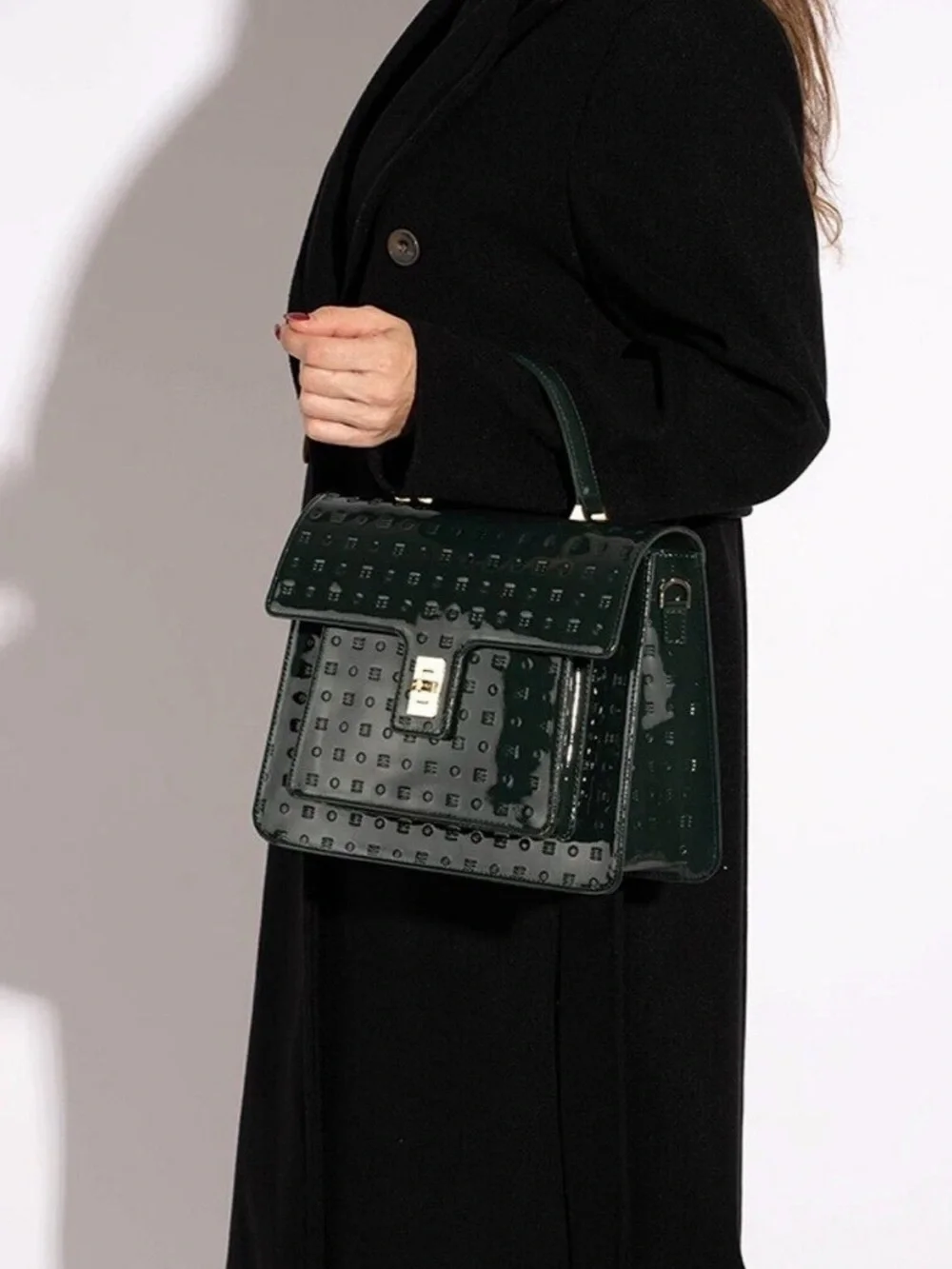 Arcadia Black Patent Leather Satchel with Gold Hardware